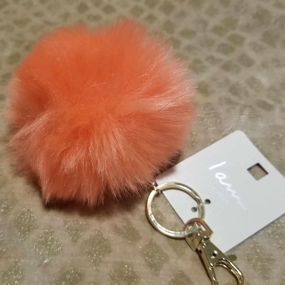 Coral faux fur pom pom key chain